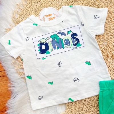 Conj. Camiseta Dinos e Bermuda - Off White e Verde